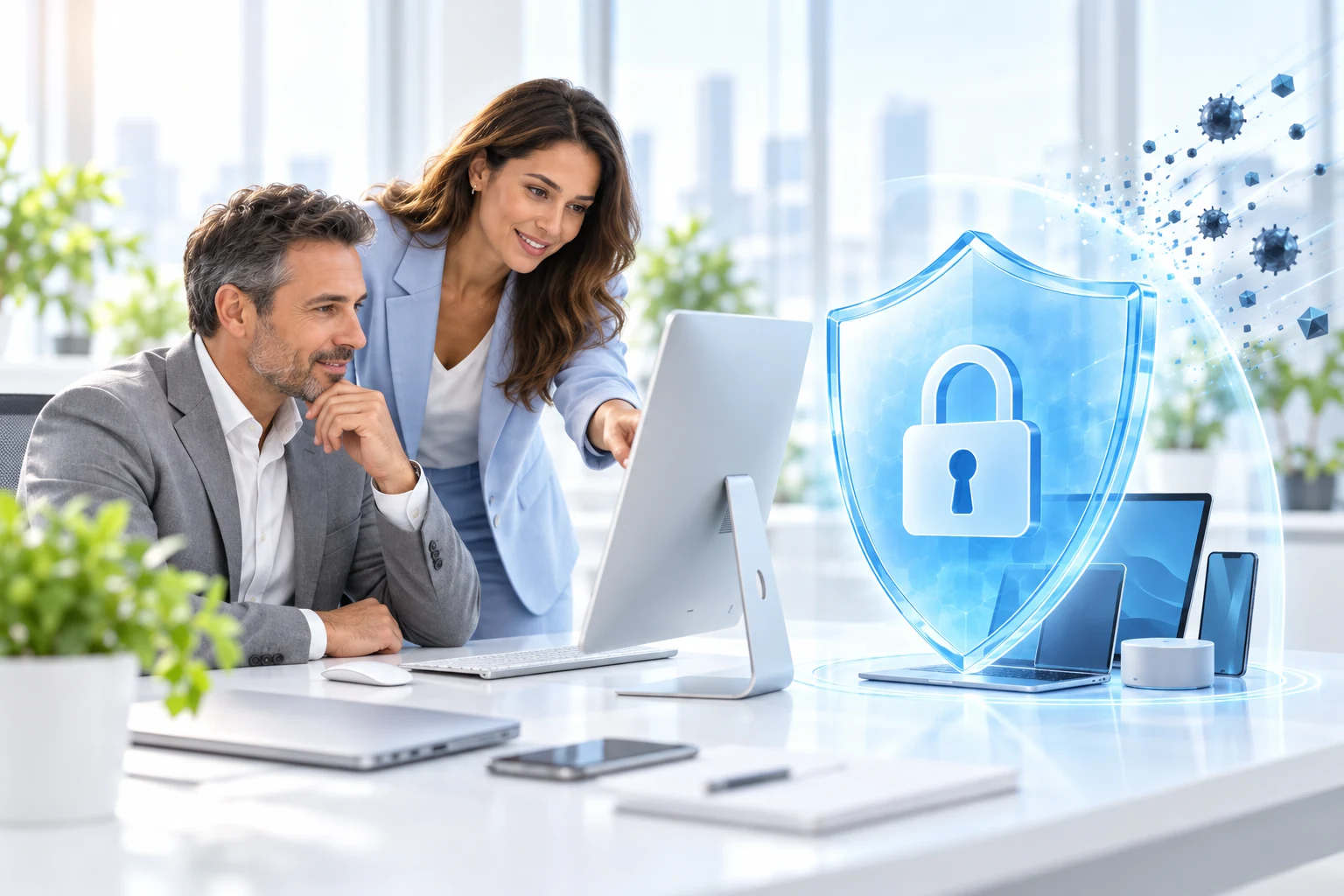 Illustrative scene of people reviewing device protection with a digital security shield