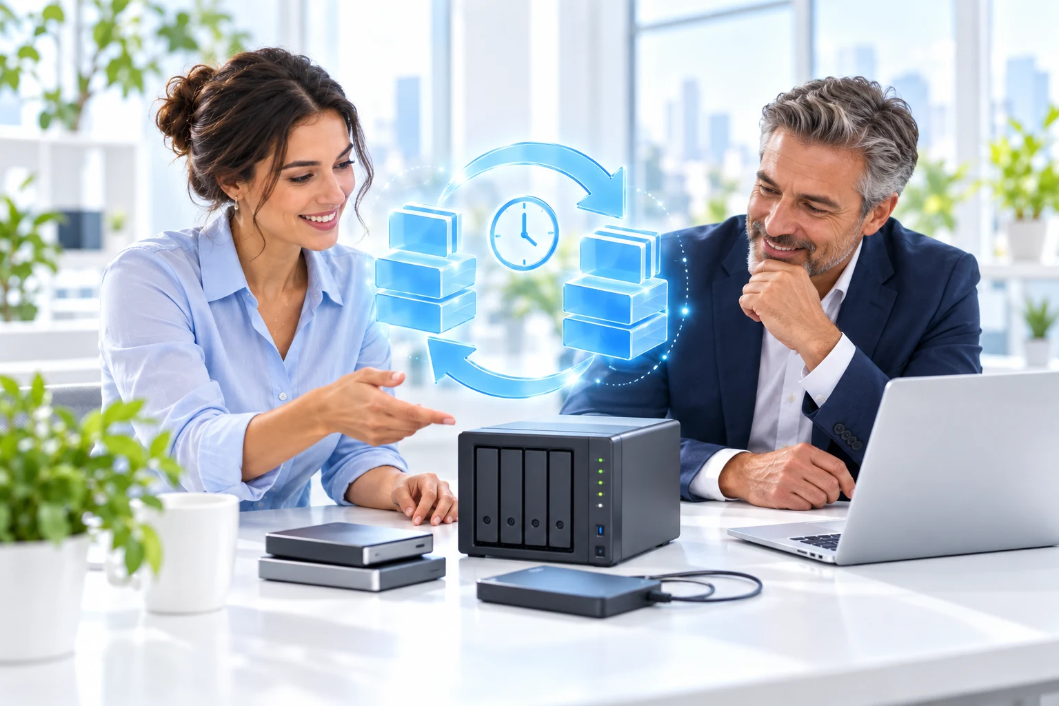 Illustrative scene of people reviewing backup storage and data recovery