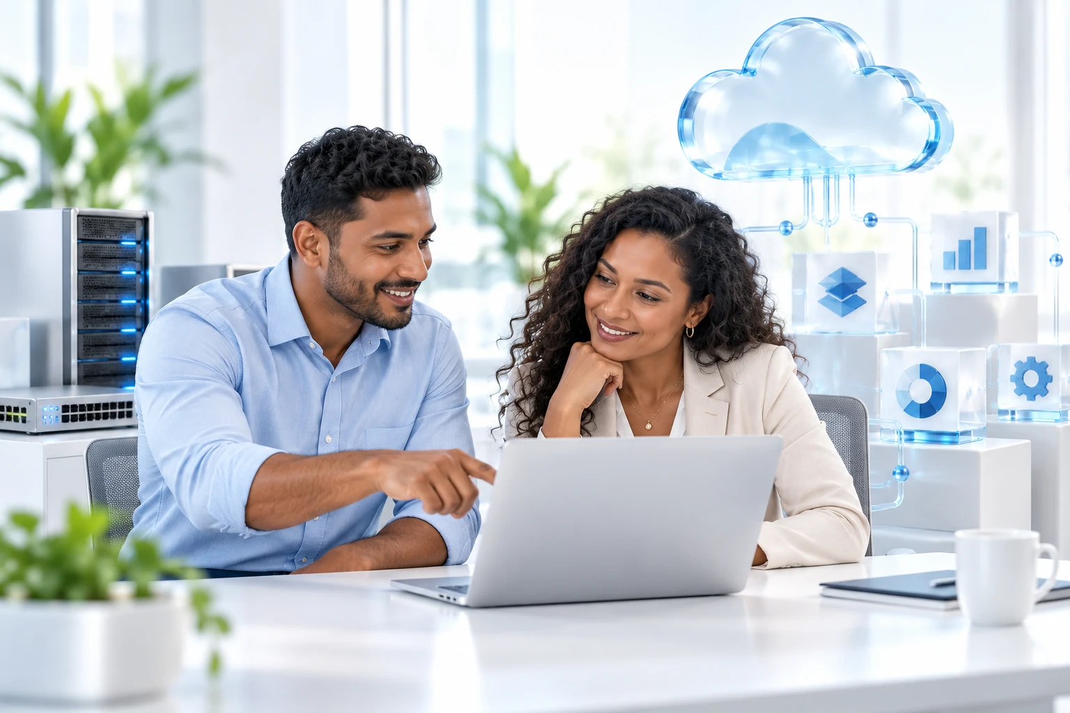 An IT specialist and business client working together, with cloud, hardware and connected software elements