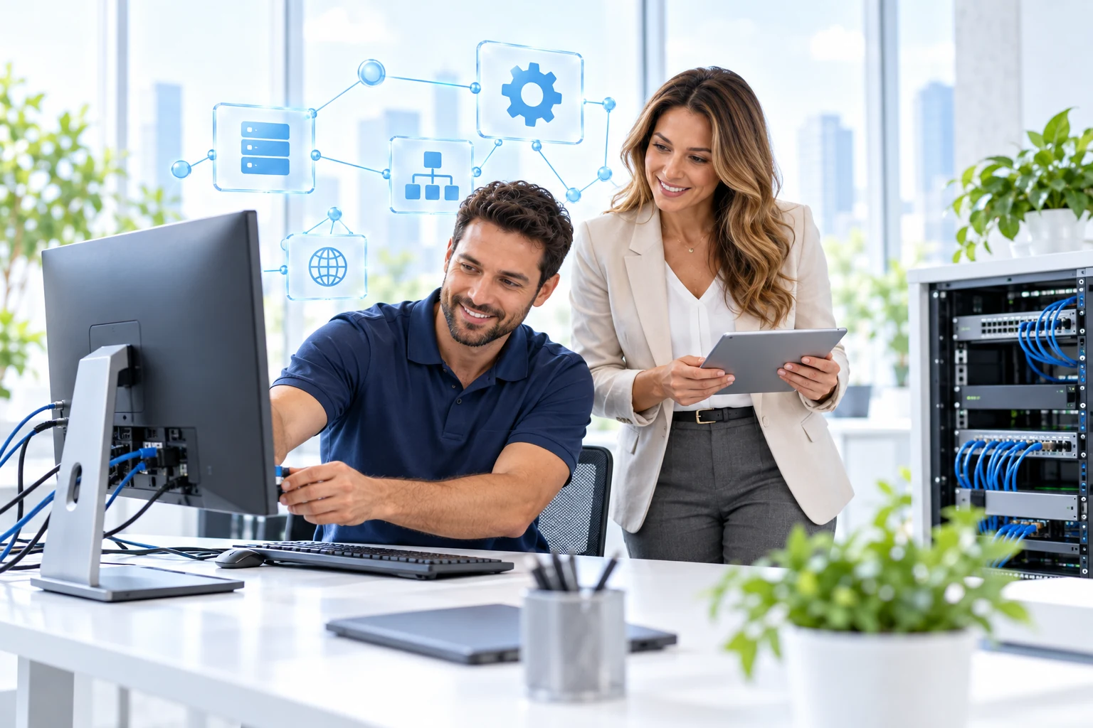 Illustrative scene of an IT technician helping a business client with workstation and network setup