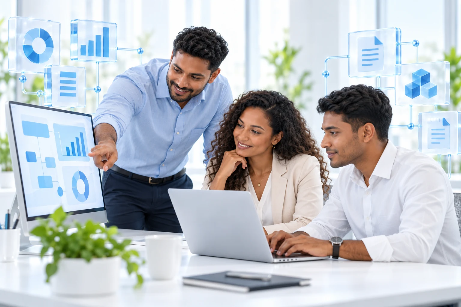 Business professionals collaborating with connected software and visual data workflows