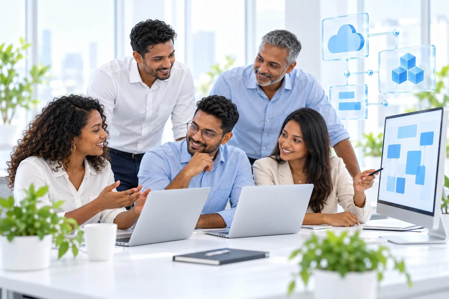 Illustrative scene of a technology team collaborating around laptops and connected business software
